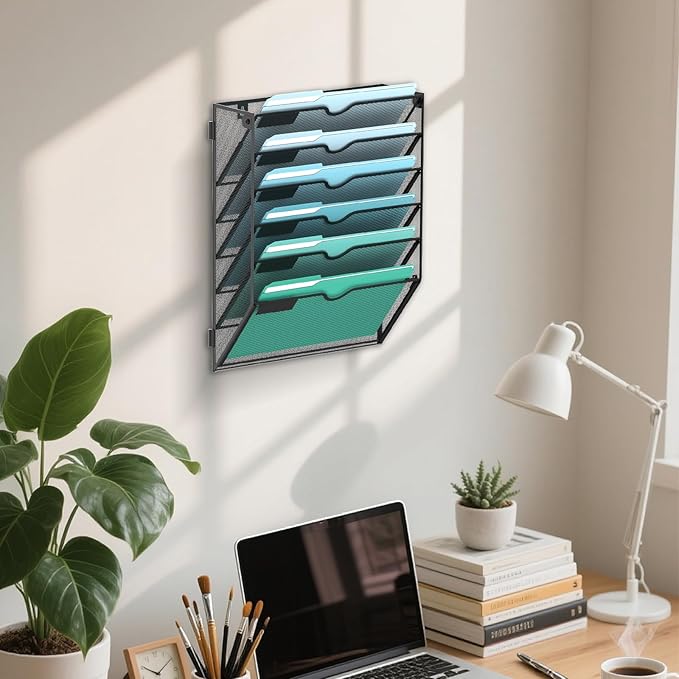 SUPEASY 6-Tier Wall File Organizer, Hanging Wall Files for Papers, Folders, Magazines, Wall Organizer for Clipboard, Assembly Needed, Black, 2 Pack