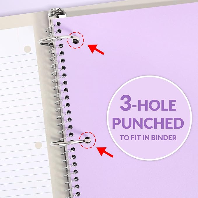 SUNEE Spiral Notebook, 1-Subject, College Ruled Paper, 8" x 10-1/2", 100 Sheets per Notebook, 3-Hole Punched Paper, Water Resistant Cover, Double-sided Pockets, Spiral Lined Notebooks for Work, Purple