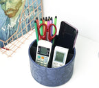 Hennaja Round Leather Art Supply Organizer,Remote Control Holder,360 Degree Spinning,Multi-Functional Pencil Holder,4 Compartments Desktop Stationary Organizer(1-Carved Blue)