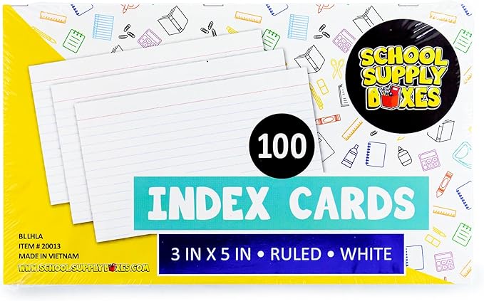 School Supply Boxes | 3x5 White Index Cards (100 ct.) | 50 Pack | Lined in Front, Blank in Back