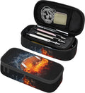Kids Pencil Pouch for Boys, Football Pencil Case with Fire Water Pattern Print, Big Capacity Black Pencil Box Stationery Bag with Zipper Portable Travel Storage Box Desk Pen Bag for Teens Adults