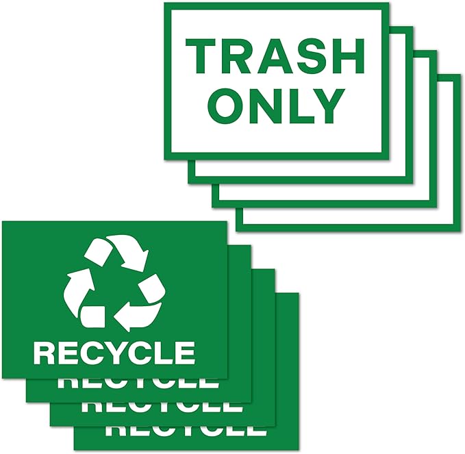 4pc Recycle Stickers + 4pc Trash Stickers | Weatherproof Vinyl Sticker Recycling Signs for Trash Bins, 7" x 10"