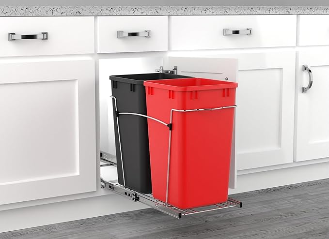 Rev-A-Shelf Pullout Trash Can for Kitchen Cabinets 27 Qt Garbage Recycling Bin with Full Extension Slides, Red/Black, RV-15KD-1618C-S