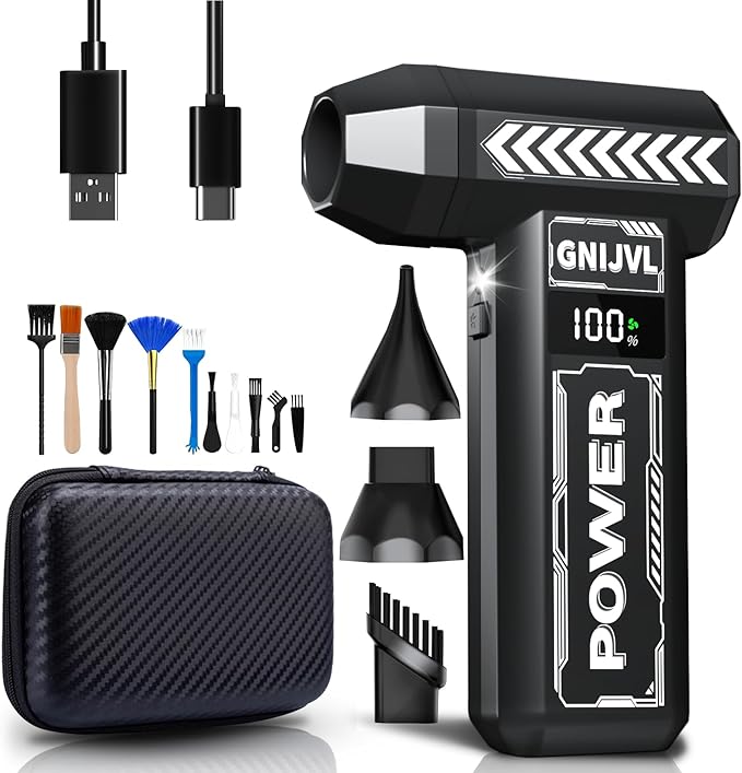 Electric Air Duster, 150000RPM Brushless Motor 4-Gear Adjustable Compressed Air Duster with LED Light,One-tap Booster with 8000mAh Rechargeable Battery, With storage bag for PC, Car, House, Outdoor