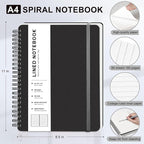 Lined Spiral Journal Notebook, A4 Spiral Notebook, 8.5''×11'' 100GSM Thick Paper Spiral Bound Journaling Notebooks for Work, School, Women, College Ruled Spiral Notebook for Note Business, Black
