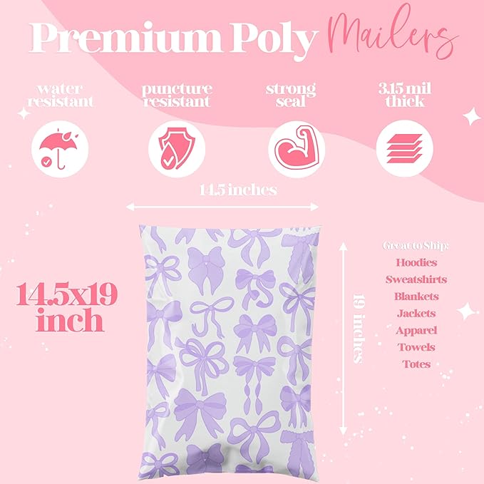 Pretty Package Store 10x13 Designer Poly Mailer 100 Pack Heavy Duty Waterproof Self Seal Shipping Bags for Small Business Large Mailing Envelopes Bulk Tear Resistant Packaging Purple Bows