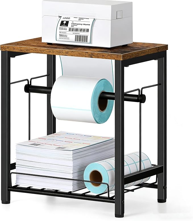 smusei Label Holder Thermal Shipping Label Holder for Rolls & Fan-Fold, Sticker Roll Holder with Basket Desktop Label Roll Dispenser Accessory for Home, Office, Small Business, Rustic Brown