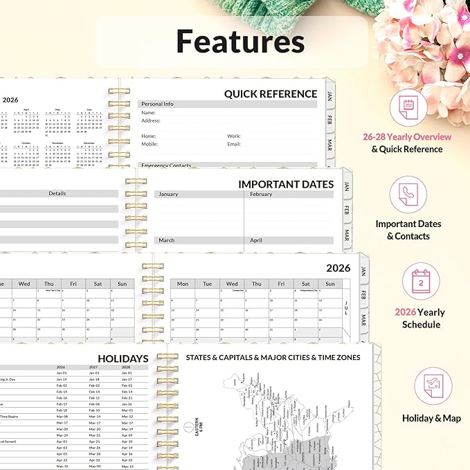 SUNEE 2026 Planner, Weekly and Monthly Calendar Planner, January 2026-December 2026, Daily Agenda with Tabs, Note Pages, Spiral Binding, 6.4"x8.3", Watercolor Flowers