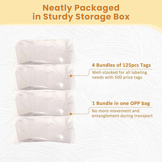 500 PCS White Price Tags with String Attached1.75 x 1.1 Inches, Goefun Blank Labeling Tags for Gift Bags, Hanging, Clothing, Jewelry, Garage/Yard Sale, Inventory, 250 GSM