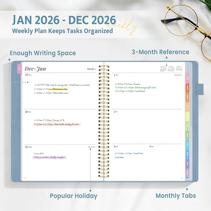 2026 Planner, Annecy Weekly ＆ Monthly Planner 2026, Jan. 2026 – Dec. 2026, 9" x 11" Monthly Agenda Planner with Tabs, Vegan Leather Cover, Spiral Binding, Double-sided Pocket, Bookmark, Grey Blue