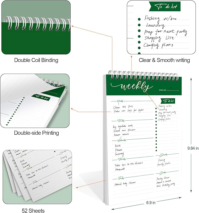 Weekly Planner Notebook, To Do List Notepad with 52 Undated Sheets 6.9"×9.8" - Weekly Organizer for Women & Man, Work, Study, and Daily Life, B5-DG