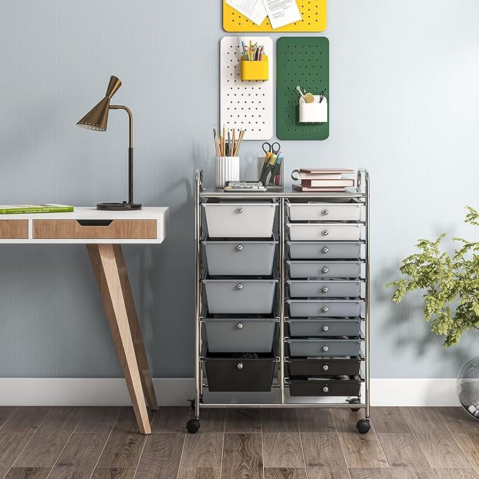 LDAILY 15 Drawer Rolling Storage Cart, Rolling Cart with Drawers for Classroom, Art Supply Craft Organizer on Wheel with Metal Frame & Handles for Home Office School