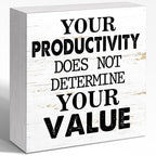 Your Productivity Does Not Determine Value Sign, Wooden Block Sign 5x5x1 INCH, Motivational Office Decor Mental Health Plaque for Desk Wall Shelf‌
