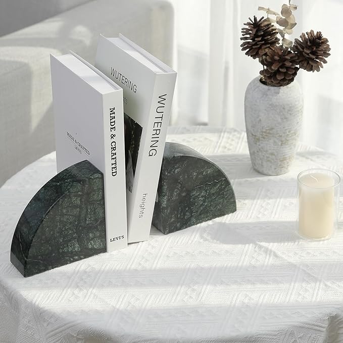 Karibiber Marble Bookend for Shelves, Non-Skid Bookends for Heavy Books, Heavy Duty Book Stopper for CDs, Luxury Book Shelf Holder, Quarter Circle Design Book Ends Decorative, Indian Green, Set of 2