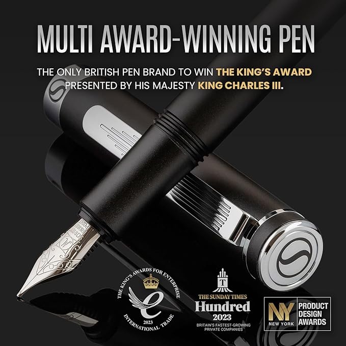 Scriveiner Luxury Fountain Pen - Medium Matt Black With Chrome Finish, Schmidt German Nib, Converter - Best Writing Gift Set for Men & Women - Fancy Office Designer EDC Pocket Pen
