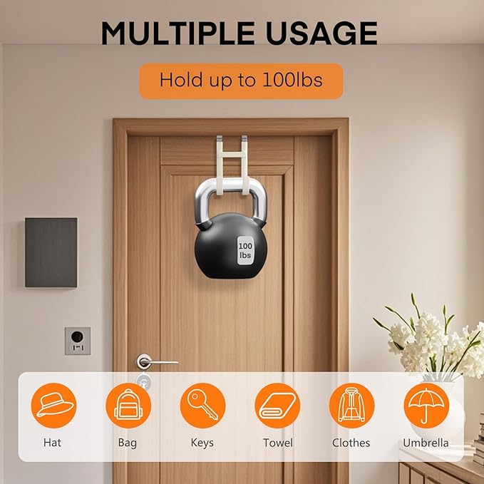 FYY Over The Door Hooks - 2 Pack Heavy Duty Dual-Hook Organizer Hanger with Non-Slip Rubber for Towels, Clothes, Hats & Bags Use in Bathroom, Bedroom, Kitchen - Fits Interior Doors Up to 1 3/8" Beige