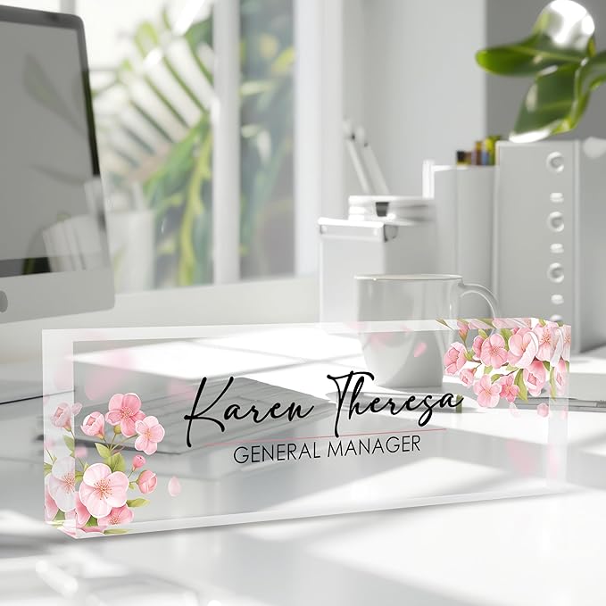 Custom Office Name Plate, Personalized Gifts for Women & Men, Appreciation Gifts for Employees, Office Desk Accessory (Pink Flower)