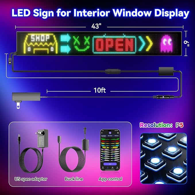 Large Programmable LED Sign, P5 Resolution Indoor Store LED Sign, Bluetooth APP, for Business Retail Shop Window Display (43"x 6")