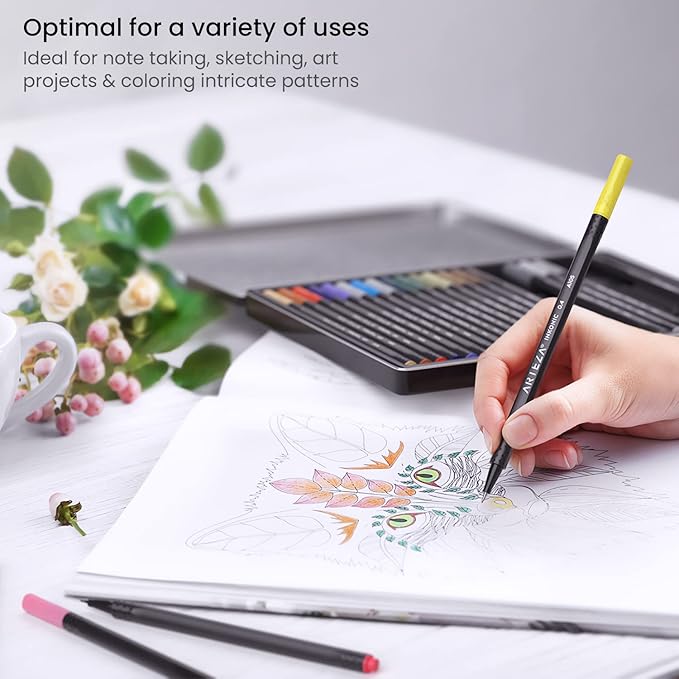 ARTEZA Inkonic Fineliners Fine Point Pens, Set of 24 Fine Tip Markers with Color Numbers, 0.4mm Tips, Ergonomic Barrels, Brilliant Assorted Colors for Coloring, Drawing & Detailing