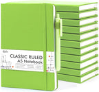 feela 12 Pack Notebooks Journals Bulk, Hardcover Notebook Classic Ruled Lined Journals with Pen Holder for Women Girls School Business Supplies, with 12 Black Pens, 120 GSM, 5.1”x8.3”, A5, Green