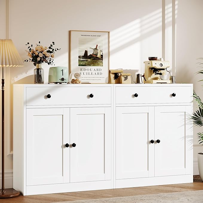 TaskStorz Metal Storage Cabinet with 2 Doors and 1 Drawer, Farmhouse Buffet Cabinet with Storage, 32.3" H Coffee Bar Cabinet with Storage for Kitchen, Dining Room, Hallway, White