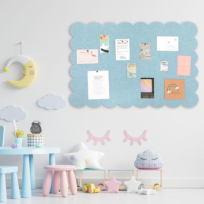 Mooliwe Scalloped Felt Bulletin Board 36 x 24 Inches Foldable Blue Pin Cork Board Alternative for Wall, 3' x 2' Trifold Picture Vision Self Adhesive Bulletin Decorative