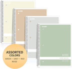SUNEE Spiral Notebooks Wide Ruled, 1-Subject, 4 Pack, 8 x 10-1/2 inch, 70 Sheets, 3-Hole Punched 70gsm Paper, Green, Grey, Beige, Red for Work, Home & School, Writing Journal