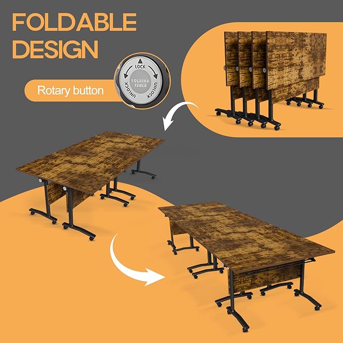 Folding Conference Table 4ft 5ft, Foldable Office Meeting Desk for 6 People, Multiple Sizes Colors Mobile Conference Room Table for Training Room School Business Furniture (2, Brown, 71in)