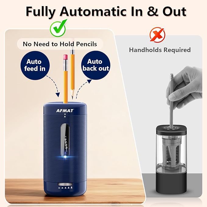 AFMAT Electric Pencil Sharpener, Fully Automatic Pencil Sharpener, Auto in & Out, Rechargeable Hands-Free Sharpeners for Jumbo & Colored Pencils (6.5-12mm), Portable for Home/Classroom/Office PSC2