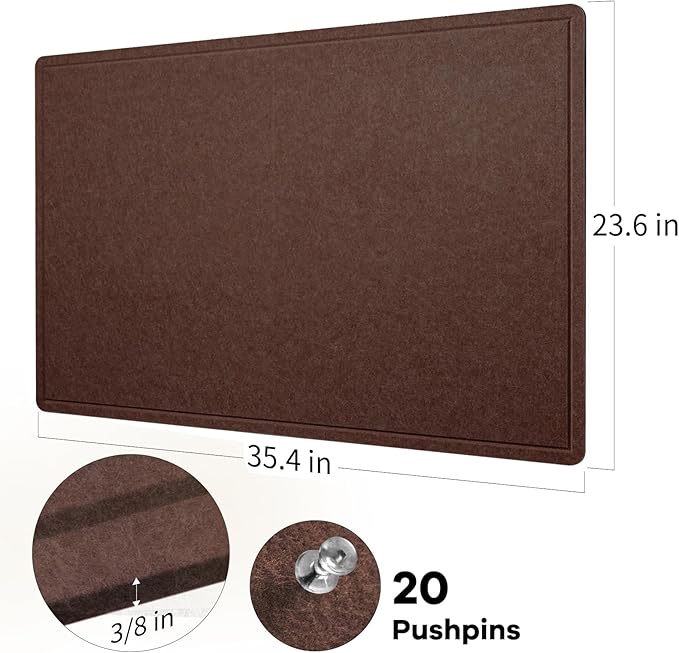 Bulletin Board, 36 x 24 inches Felt Board - Decorative Pin Board, Cork Board Alternative for Wall, 3' x 2' Foldable Picture Board Self-Adhesive Vision Board with 20 Pushpins - Saddle Brown