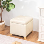 Adeco Faux Leather Storage Ottoman with Hinged Lid, 16 Inch High Light Yellow Ivory Square Cube Foot Stool with Storage, Upholstered Vanity Stool with Solid Wood Legs for Living Room, Bedroom
