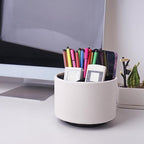 Hennaja Round Leather Art Supply Organizer,Remote Control Holder,360 Degree Spinning,Multi-Functional Pencil Holder,4 Compartments Desktop Stationary Organizer(1-Lichee White)