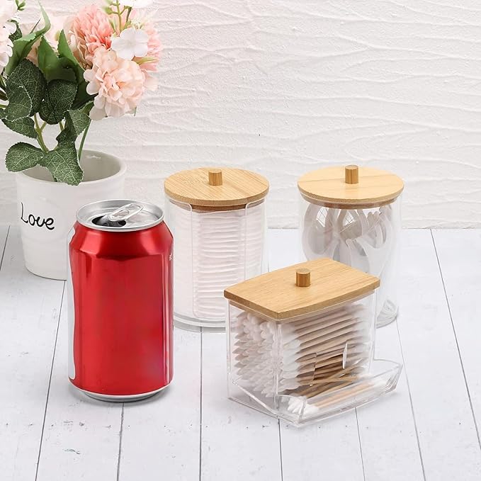 Tbestmax Bathroom Organizer Accessories Set-10 OZ Qtips Holder Storage with Bamboo Lids, Cotton Ball/Swabs Dispenser, Apothecary Container Jar 3 Pcs