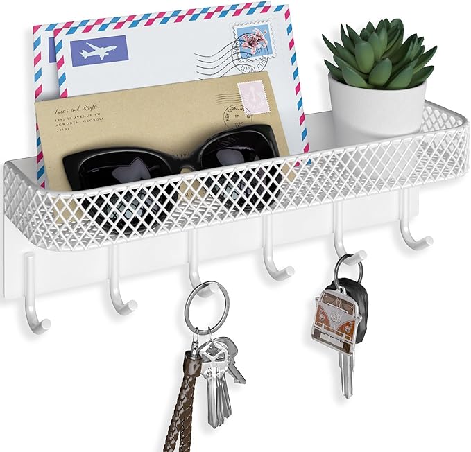 Lwenki Key Holder for Wall – Decorative Stainless Steel Key Hanger with 6 Hooks for Hats, Bags, Leashes – Mail Holder Key Rack with Mounting Hardware and Guide (9.65” x 2.8” x 2.2”) (White)