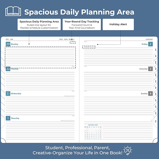 IN-LUXPRO Planner 2026 Daily Weekly and Monthly,11.5"x8.5",12 Months Spiral Bound Calendar Agenda with Self-adhesive Pen Holder,2026 Appointment Book with Vegan Leather Soft Cover,Blue