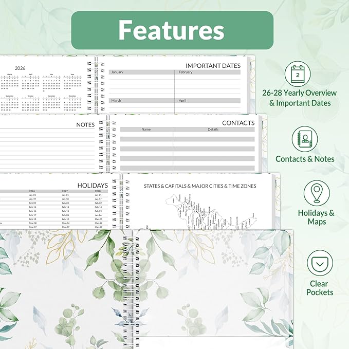 SUNEE 2026 Daily Planner,4-Person Group Appointment Book with Quarter-Hourly Layout. Weekly & One-Page-Per-Day Format, Jan to Dec 2026, 8.5"x11",Weekly Planner, Flexible Cover, Note Pages, Bookmark, Black,Greenery