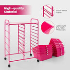 HAPPYGRILL 15-Drawer Rolling Cart, Storage Carts with Removable Drawers & Steel Frame, Utility Cart on Lockable Wheels for Home, School, Office (Hot Pink)