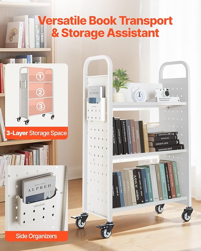 VEVOR Rolling Library Book Cart, 330 lbs Capacity, 30.3 x 15 x 48.0-Inch Library Cart, Single Sided V-Shaped Shelves with 3-Inch Lockable Wheels, Book Truck for Home Shelves Office and School, White