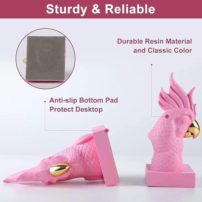JOOMBE Pink Parrot Decorative Bookends,Set of 2 Cute Bird Animal Sculpture Book Ends to Hold Hevay Duty Books,Unique Resin Statues Book Stopper for Home Office Desk Bookshelf Decor