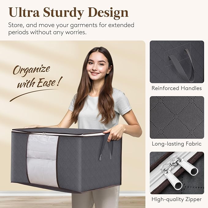 Lifewit 30 Pack Clothes Storage Bins with Lids, Foldable Blanket Storage Bags with Zippers, Clear Window and Reinforced Handles, Closet and Organization for Clothing, Sweater, Comforter, Bedding, Gray