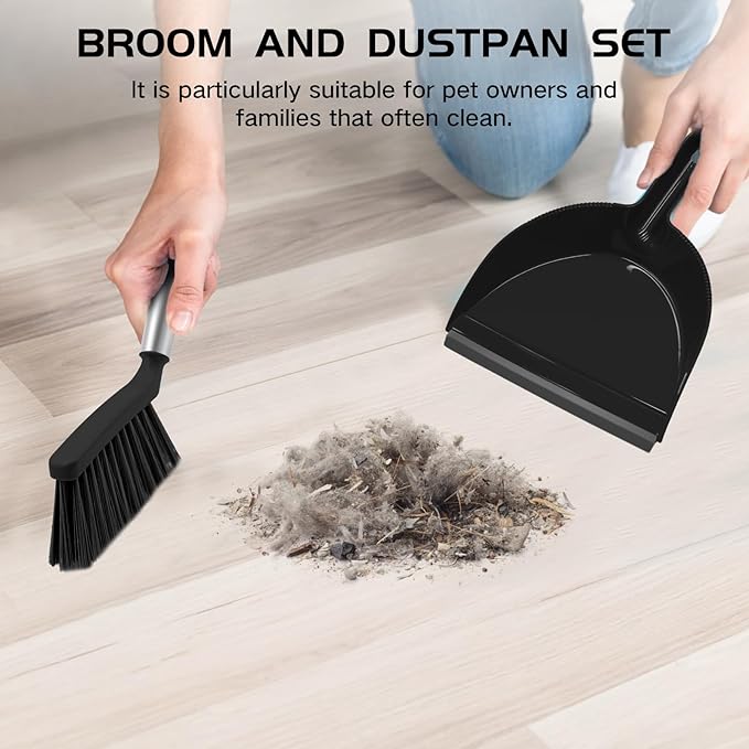 NACENA Mini Broom and Dustpan Set, Small Dust Pan and Brush Set with Handle Dustpan Teeth for Cleaning Hair Suitable for Office Desks Drawers Sofas Outdoor Camping, Black