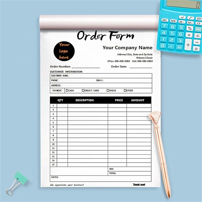 Custom Invoice Book in 3-Part /2-Part Receipt Book with Carbon Copies Personalized Carbonless Service Invoice Form Books Sales Order Book with Company Name Logo Address,B-Order Form Book