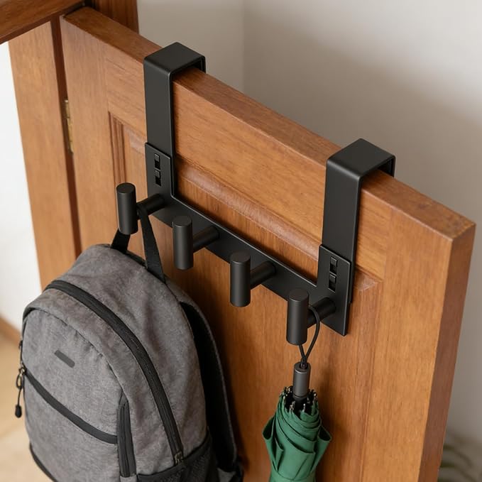 PMMASTO Over The Door Hooks, Fits 1-3/4" Thick Door No Drill Hooks for Closet Bathroom Bedroom Organization, Hanger for Coat Towel Robe (Black, 4 T-Hooks)