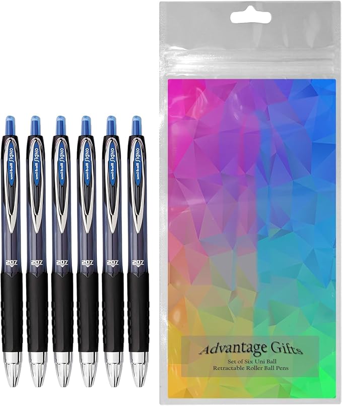Advantage Gifts Signo 207 Roller Ball Retractable Gel Pens, Medium Point (0.7mm), Blue Ink, 6 Count, Bundle with Plastic Reusable Pouch