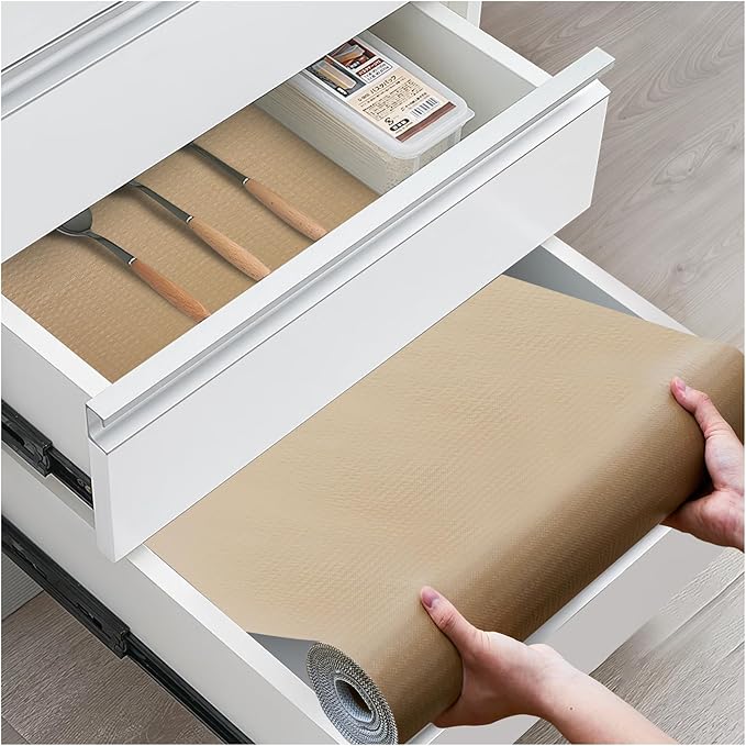 ALIUNI Drawer and Shelf Liner, Non-Slip Kitchen Cabinet Liners Non-Adhesive Thick Strong Grip Waterproof Washable Mats Protect Dresser Shelves Cupboard Bathroom Cabinets, Beige, 18 in X 30 FT