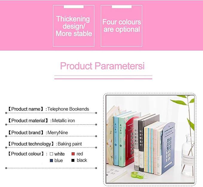 MerryNine 4 Pack Book Ends, Metal Bookends for Shelves, Telephone Booth Decorative Bookends, Non Skid Heavy Bookends, Book, Magazine or CD Organizers for Home and Office (Blue-4pcs)