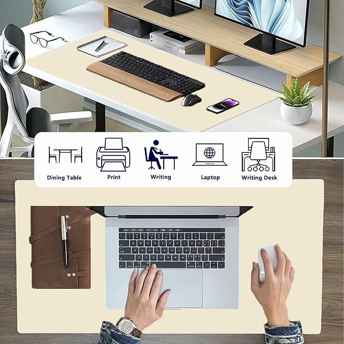 PU Leather Desk Pad Protector Gaming Mouse Pad Non Slip Desk Mat for Keyboard and Mouse Waterproof Desk Writing Pad for Office and Home Desk Accessories(Beige, 35.4 * 17.7)