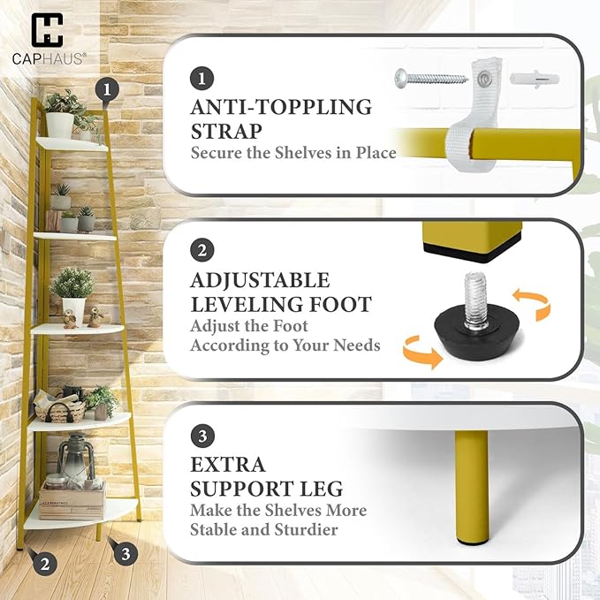 CAPHAUS Tall Corner Shelf Stand, 5-Tier Display Shelves, Ladder Corner Wood Storage Plant Bookshelf with Metal Frame, Versatile Shelving Unit Bookcase for Home Office Space, Gold