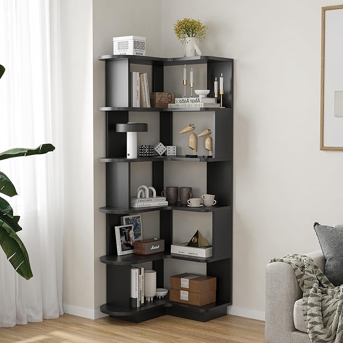 Farini 5-Tier Corner Bookshelf,L-Shaped Bookcase Freestanding Storage Shelf & Display Stand for Living Room, Office, Bedroom,Black