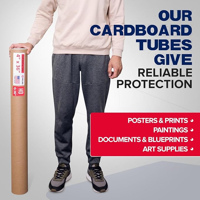 Paclord 4" x 36" Heavy-Duty Reinforced Cardboard Mailing Tube, Pack of 6 Tubes with 12 Caps – Secure USPS Approved – Great for Shipping and Storing of Prints, Artwork, Posters or Documents